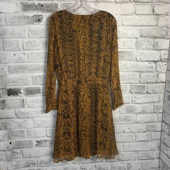 Ichi Day Dress Snakeskin Print Flowy Sheer Chiffon V-Neck Long Sleeve - Picture 8 of 12